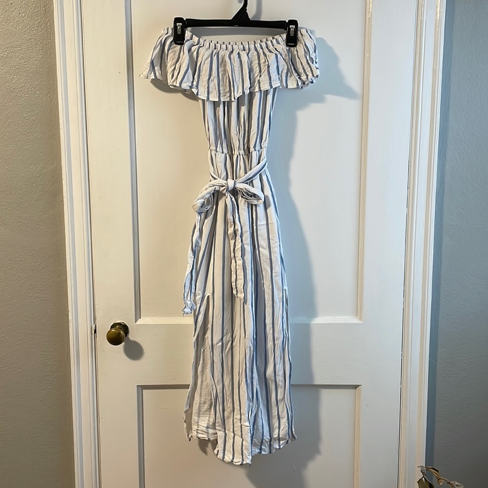 Off the should maxi dress - blue and white pinstripes